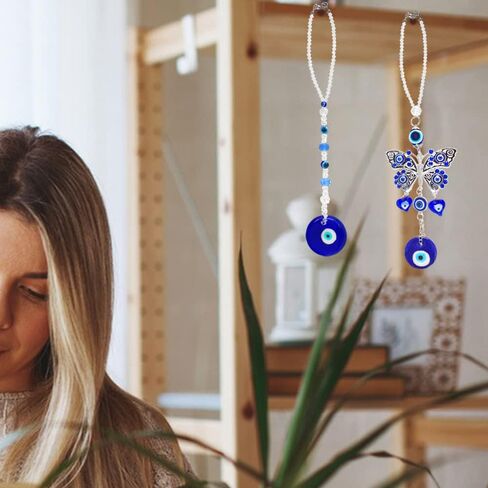 مجموعتان من إكسسوارات تعليق مرآة السيارة ذات عين الشر، زينة سيارة عين الشر الزرقاء من FineGood، قلادة تزيين سيارة محظوظة لمرآة الرؤية الخلفية in Kuwait