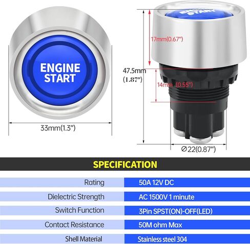 Engine Start Ignition Switch 12V DC 50Amp 3 Pin Spst On-Off Push Button Starter Switch Momentary Stainless Steel 12Volt Blue Led Light for Marine Vehicle Racing Car Truck in Saudi Arabia