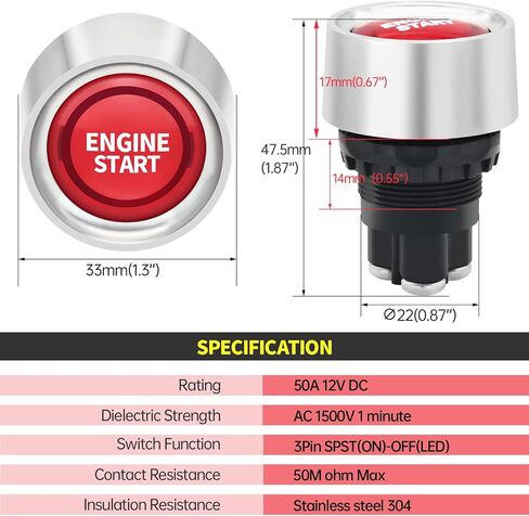 Engine Start Ignition Switch 12V DC 50Amp 3 Pin Spst On-Off Push Button Starter Switch Momentary Stainless Steel 12Volt Blue Led Light for Marine Vehicle Racing Car Truck in Kuwait