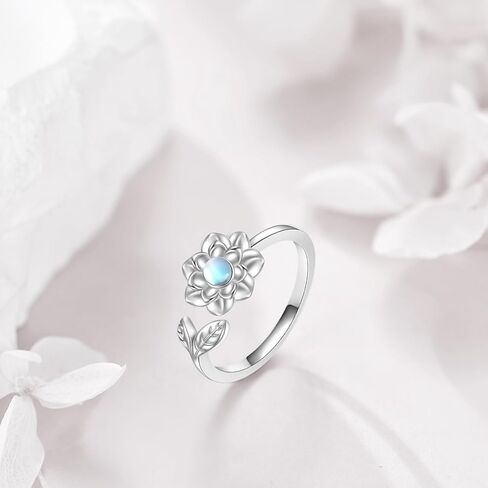 خاتم اللوتس زهرة اللوتس خاتم 925 فضة Moonstone اللوتس خواتم مفتوحة قابلة للتعديل مجوهرات اللوتس هدايا للفتيات والنساء in Kuwait