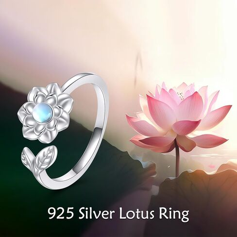 خاتم اللوتس زهرة اللوتس خاتم 925 فضة Moonstone اللوتس خواتم مفتوحة قابلة للتعديل مجوهرات اللوتس هدايا للفتيات والنساء in Kuwait