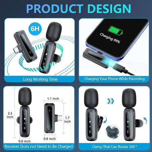 Wireless Lavalier Microphone for iPhone 15/Android Phone, 2pcs Mini USB C Microphone for Video Recording, Clip on Lapel Mics Type C for Interview, Podcast, Tiktok, Vlog, YouTube in Saudi Arabia