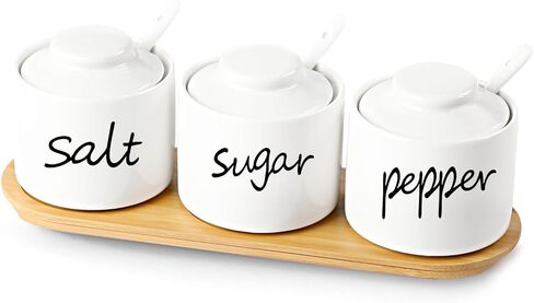 ONTUBE Farmhouse 8oz Sugar Pepper and Salt Bowls with Lid and Spoon, Ceramics Condiment Pots,Seasoning Jar Spice Container for Kitchen,Dishwasher Safe (White) in Kuwait