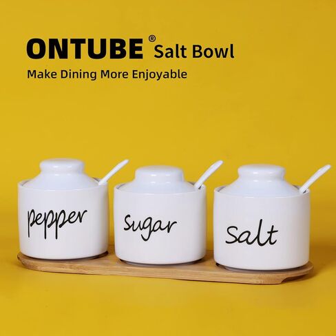 ONTUBE Farmhouse 8oz Sugar Pepper and Salt Bowls with Lid and Spoon, Ceramics Condiment Pots,Seasoning Jar Spice Container for Kitchen,Dishwasher Safe (White) in Kuwait