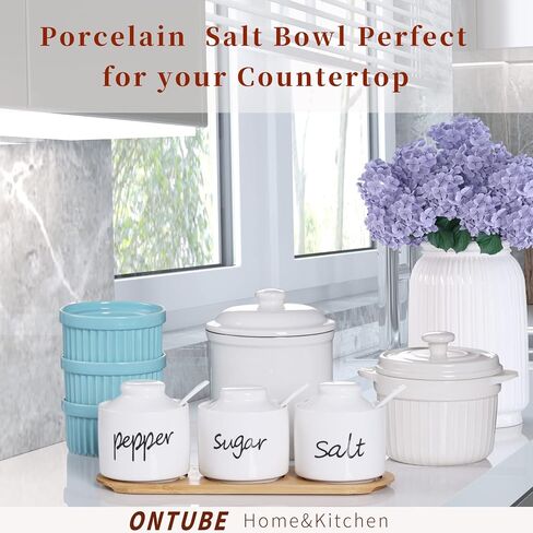ONTUBE Farmhouse 8oz Sugar Pepper and Salt Bowls with Lid and Spoon, Ceramics Condiment Pots,Seasoning Jar Spice Container for Kitchen,Dishwasher Safe (White) in Kuwait
