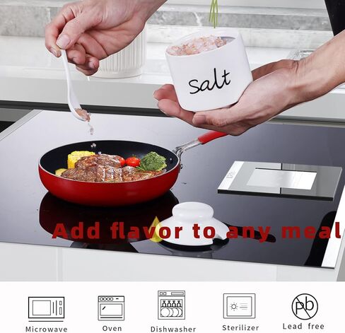 ONTUBE Farmhouse 8oz Sugar Pepper and Salt Bowls with Lid and Spoon, Ceramics Condiment Pots,Seasoning Jar Spice Container for Kitchen,Dishwasher Safe (White) in Kuwait