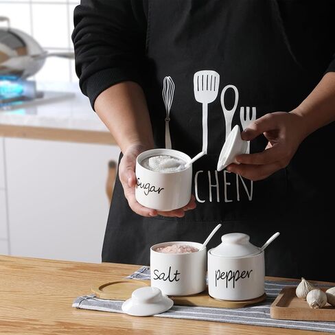 ONTUBE Farmhouse 8oz Sugar Pepper and Salt Bowls with Lid and Spoon, Ceramics Condiment Pots,Seasoning Jar Spice Container for Kitchen,Dishwasher Safe (White) in Kuwait