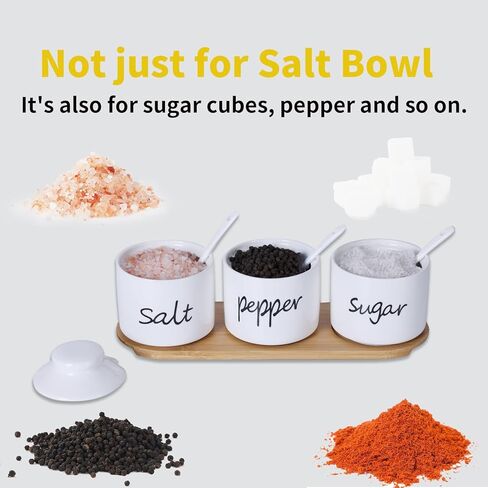ONTUBE Farmhouse 8oz Sugar Pepper and Salt Bowls with Lid and Spoon, Ceramics Condiment Pots,Seasoning Jar Spice Container for Kitchen,Dishwasher Safe (White) in Kuwait