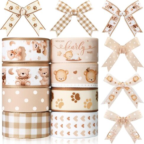 8 Rolls Bear Baby Shower Ribbon Boy 7/8 Inch Baby Craft Ribbon Bear Print Grosgrain Ribbon for Gift Wrapping Baby Shower Gender Reveal Party Diaper Cake Decor, 40 Yard Total (Brown) in Kuwait