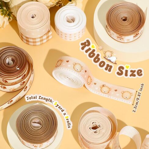 8 Rolls Bear Baby Shower Ribbon Boy 7/8 Inch Baby Craft Ribbon Bear Print Grosgrain Ribbon for Gift Wrapping Baby Shower Gender Reveal Party Diaper Cake Decor, 40 Yard Total (Brown) in Kuwait
