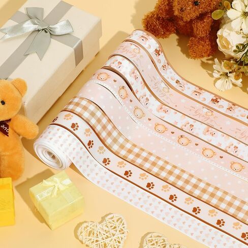 8 Rolls Bear Baby Shower Ribbon Boy 7/8 Inch Baby Craft Ribbon Bear Print Grosgrain Ribbon for Gift Wrapping Baby Shower Gender Reveal Party Diaper Cake Decor, 40 Yard Total (Brown) in Kuwait
