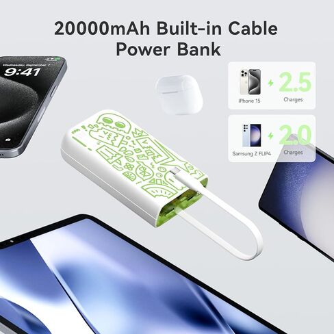 شاحن محمول بنمط جرافيتي مع كابل USB C مدمج، شاشة LED للشحن السريع بقدرة 20000 مللي أمبير في الساعة لبنك الطاقة، أساسيات السفر، حزمة بطارية متوافقة مع iPhone وSamsung وiPad وجميع الهواتف المحمولة in Kuwait