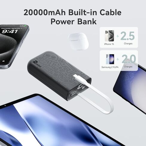 شاحن محمول بنمط جرافيتي مع كابل USB C مدمج، شاشة LED للشحن السريع بقدرة 20000 مللي أمبير في الساعة لبنك الطاقة، أساسيات السفر، حزمة بطارية متوافقة مع iPhone وSamsung وiPad وجميع الهواتف المحمولة in Saudi Arabia