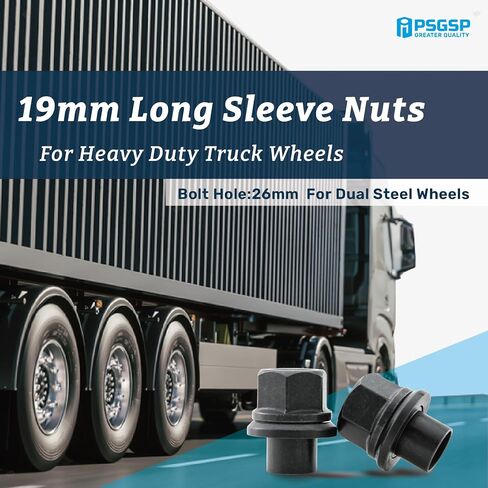 Two-Piece 19mm Sleeve Flanged Wheel Nuts 10PCS, M22x1.5 Hex:33mm Black for Heavy Duty Truck Semi Truck Fit Steel Dual Wheels with Hub Piloted Seat & 26mm Bolt Hole Size in Kuwait