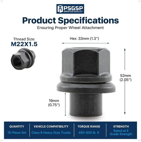 Two-Piece 19mm Sleeve Flanged Wheel Nuts 10PCS, M22x1.5 Hex:33mm Black for Heavy Duty Truck Semi Truck Fit Steel Dual Wheels with Hub Piloted Seat & 26mm Bolt Hole Size in Kuwait