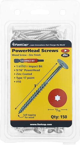 برغي خشبي FastCap Professional PowerHead #10، طول 3 بوصة، رأس 9/16 بوصة، التنصت الذاتي، مطلي بالزنك، محرك توركس، نقطة أوجير من النوع 17. مثالية لـ MDF والخشب - حمل فائق (150 - براغي) in Saudi Arabia