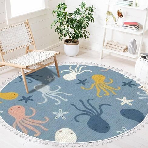 Ocean Beach Area Rugs jelly fish octopus seahorses Marine Animal Theme Round Boho Area Rug Linen Carpet Playmat Washable Hallway Runner Mat for Nursery Kid Room Bedroom Decoration Children Gift 3ft in Saudi Arabia