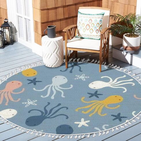 Ocean Beach Area Rugs jelly fish octopus seahorses Marine Animal Theme Round Boho Area Rug Linen Carpet Playmat Washable Hallway Runner Mat for Nursery Kid Room Bedroom Decoration Children Gift 3ft in Saudi Arabia