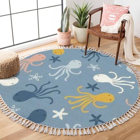 Ocean Beach Area Rugs jelly fish octopus seahorses Marine Animal Theme Round Boho Area Rug Linen Carpet Playmat Washable Hallway Runner Mat for Nursery Kid Room Bedroom Decoration Children Gift 3ft in Saudi Arabia