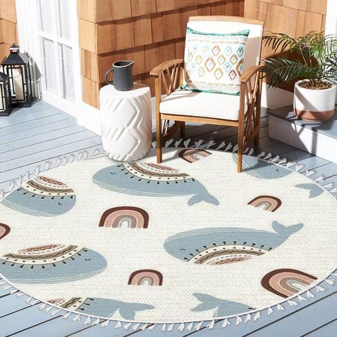 Ocean Beach Area Rugs jelly fish octopus seahorses Marine Animal Theme Round Boho Area Rug Linen Carpet Playmat Washable Hallway Runner Mat for Nursery Kid Room Bedroom Decoration Children Gift 3ft in Saudi Arabia