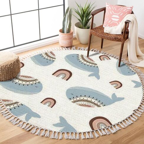 Ocean Beach Area Rugs jelly fish octopus seahorses Marine Animal Theme Round Boho Area Rug Linen Carpet Playmat Washable Hallway Runner Mat for Nursery Kid Room Bedroom Decoration Children Gift 3ft in Saudi Arabia