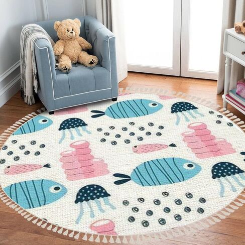 Ocean Beach Area Rugs jelly fish octopus seahorses Marine Animal Theme Round Boho Area Rug Linen Carpet Playmat Washable Hallway Runner Mat for Nursery Kid Room Bedroom Decoration Children Gift 3ft in Saudi Arabia