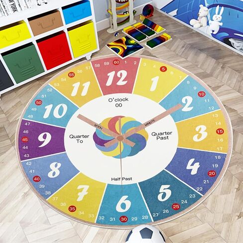 Kids Rug 5.2Ft Large Round Carpet Circle Clock Play Mat Telling Time Educational Rug for Boys Girls Teaching Clock Classroom Playroom Bedroom Rug for Nursery Decor, 63in in Kuwait