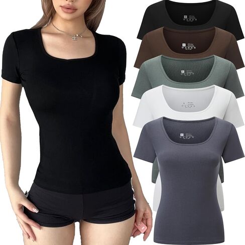 5pcs Women's Ribbed Short Sleeve Slim Fit T Shirt Square Neck Bodycon Crop Tunics Going Out Tops in Saudi Arabia