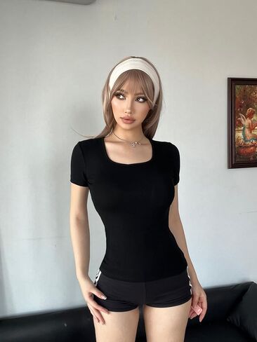 5pcs Women's Ribbed Short Sleeve Slim Fit T Shirt Square Neck Bodycon Crop Tunics Going Out Tops in Saudi Arabia