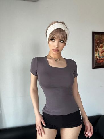 5pcs Women's Ribbed Short Sleeve Slim Fit T Shirt Square Neck Bodycon Crop Tunics Going Out Tops in Saudi Arabia