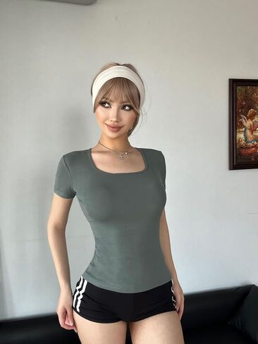 5pcs Women's Ribbed Short Sleeve Slim Fit T Shirt Square Neck Bodycon Crop Tunics Going Out Tops in Saudi Arabia
