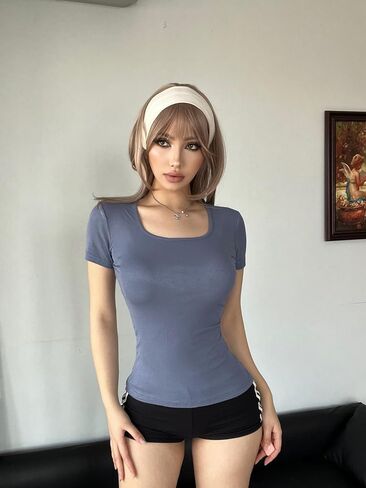 5pcs Women's Ribbed Short Sleeve Slim Fit T Shirt Square Neck Bodycon Crop Tunics Going Out Tops in Saudi Arabia