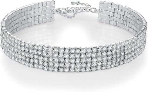 HZMAN Cubic Zirconia Choker Necklace for Women Bride Dainty Sparkling Silver Collar Necklace 5 Rows Rhinestone Stretchy Open Necklace Jewelry Gift in Saudi Arabia