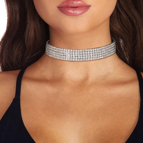 HZMAN Cubic Zirconia Choker Necklace for Women Bride Dainty Sparkling Silver Collar Necklace 5 Rows Rhinestone Stretchy Open Necklace Jewelry Gift in Saudi Arabia