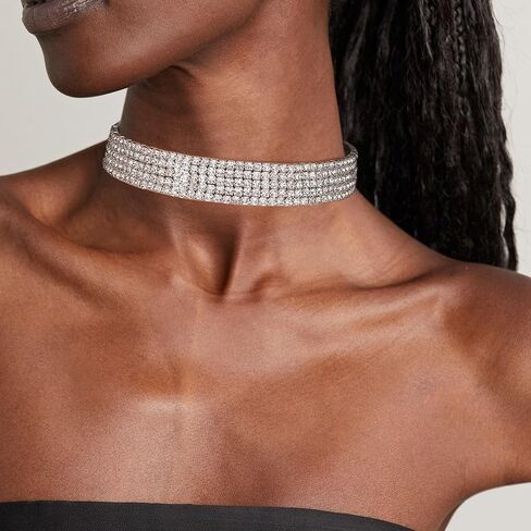 HZMAN Cubic Zirconia Choker Necklace for Women Bride Dainty Sparkling Silver Collar Necklace 5 Rows Rhinestone Stretchy Open Necklace Jewelry Gift in Saudi Arabia