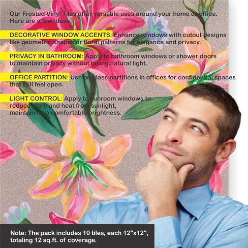 Pre Cut Square Window Privacy Film Tiles: UV Protection, Removable Self - Adhesive Decorative Glass Sticker – Ideal for Home & Office, Features Floral, Patterns (10 Tiles, 12"x12" Each) (002_FC) in Saudi Arabia