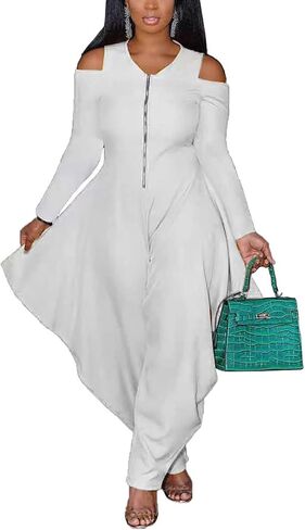 WOKANSE Women's Sexy Cold Shoulder Jumpsuits Zip Up Long Sleeve Solid Color Baggy Harem Pants Jumpsuit Long Romper in Saudi Arabia