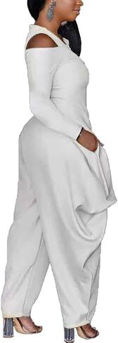 WOKANSE Women's Sexy Cold Shoulder Jumpsuits Zip Up Long Sleeve Solid Color Baggy Harem Pants Jumpsuit Long Romper in Saudi Arabia