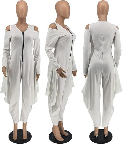 WOKANSE Women's Sexy Cold Shoulder Jumpsuits Zip Up Long Sleeve Solid Color Baggy Harem Pants Jumpsuit Long Romper in Saudi Arabia