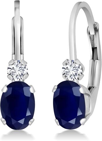Gem Stone King 14K White Gold Blue Sapphire and White Diamond Leverback Earrings For Women | 1.17 Cttw | Gemstone September Birthstone | Oval 6X4MM, Round 2MM | 3/4 Inch in Saudi Arabia