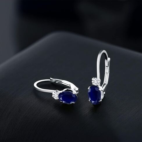Gem Stone King 14K White Gold Blue Sapphire and White Diamond Leverback Earrings For Women | 1.17 Cttw | Gemstone September Birthstone | Oval 6X4MM, Round 2MM | 3/4 Inch in Saudi Arabia