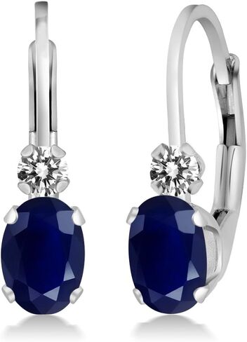 Gem Stone King 14K White Gold Blue Sapphire and White Diamond Leverback Earrings For Women | 1.17 Cttw | Gemstone September Birthstone | Oval 6X4MM, Round 2MM | 3/4 Inch in Saudi Arabia