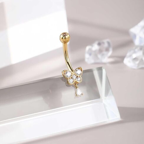 CM Crareesi Mania 10K الذهب حلقات زر البطن 14G حلقات البطن المتدلية واضحة تشيكوسلوفاكيا البطن ثقب المجوهرات للنساء 10K الذهب الأصفر فراشة خواتم السرة in Kuwait