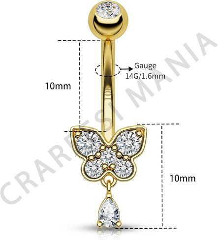CM Crareesi Mania 10K الذهب حلقات زر البطن 14G حلقات البطن المتدلية واضحة تشيكوسلوفاكيا البطن ثقب المجوهرات للنساء 10K الذهب الأصفر فراشة خواتم السرة in Kuwait