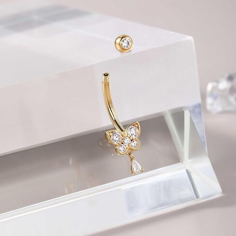 CM Crareesi Mania 10K الذهب حلقات زر البطن 14G حلقات البطن المتدلية واضحة تشيكوسلوفاكيا البطن ثقب المجوهرات للنساء 10K الذهب الأصفر فراشة خواتم السرة in Kuwait