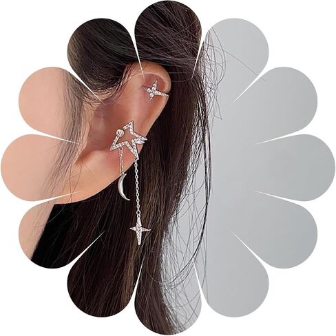 Boho Crystal Star Ear Cuff Earrings Vintage CZ Star Cuff On Earrings Gold Moon Star Tassel Chain Earrings Star No Piercing Clip On Earrings Jewelry for Women and Girls in Saudi Arabia