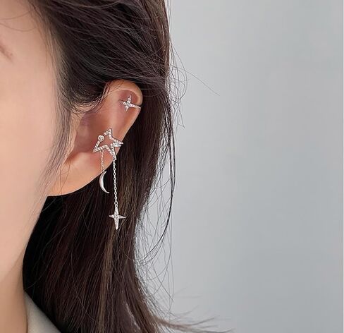Boho Crystal Star Ear Cuff Earrings Vintage CZ Star Cuff On Earrings Gold Moon Star Tassel Chain Earrings Star No Piercing Clip On Earrings Jewelry for Women and Girls in Saudi Arabia