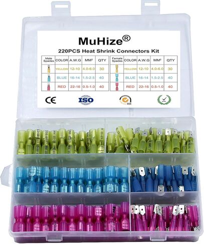 موصلات سلكية قابلة للانكماش بالحرارة من MuHize - مجموعة أطراف أسلاك كهربائية مطورة مقاومة للماء 220 قطعة (جديد 2024)، مجموعة وصلات مؤخرة الشوكة الحلقية المعزولة للسيارات والقوارب والشاحنات والستيريو والمفاصل in Kuwait