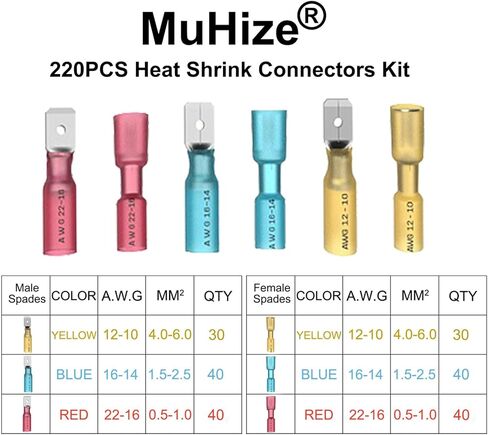موصلات سلكية قابلة للانكماش بالحرارة من MuHize - مجموعة أطراف أسلاك كهربائية مطورة مقاومة للماء 220 قطعة (جديد 2024)، مجموعة وصلات مؤخرة الشوكة الحلقية المعزولة للسيارات والقوارب والشاحنات والستيريو والمفاصل in Kuwait
