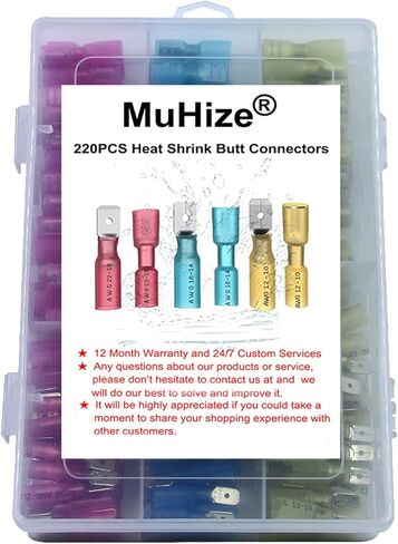 موصلات سلكية قابلة للانكماش بالحرارة من MuHize - مجموعة أطراف أسلاك كهربائية مطورة مقاومة للماء 220 قطعة (جديد 2024)، مجموعة وصلات مؤخرة الشوكة الحلقية المعزولة للسيارات والقوارب والشاحنات والستيريو والمفاصل in Kuwait